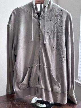 Monarchy Gray Zip-Up Hoodie with Subtle Embellished Scrolls